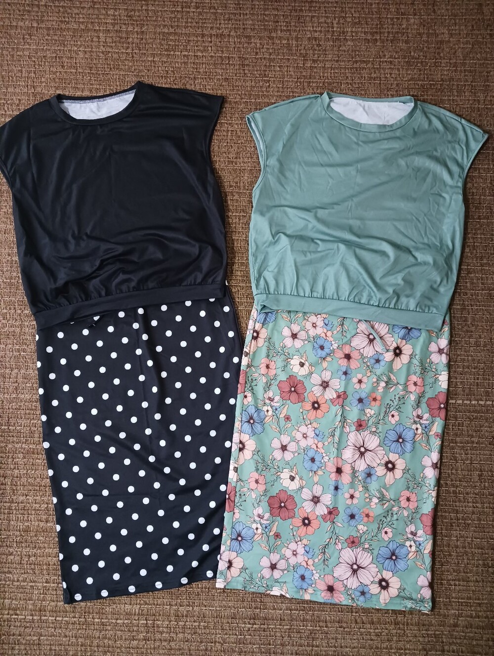 Two Casual Sleeveless Shirt & Skirt Sets - Black Polka Dot & Mint Floral Size M